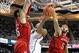 Feb 16, 2014; East Lansing, MI, USA; Nebraska Cornhuskers guard/forward Terran Petteway (5) blocks the shot of Michigan State Spartans guard Gary Harris (14) during the second half at Jack Breslin Student Events Center. The Cornhuskers won 60-51. Mandator
