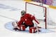 Feb 15, 2014; Sochi, RUSSIA; Switzerland goalie Jonas Hiller (1) makes a save against Czech Republic in a men's preliminary round ice hockey game during the Sochi 2014 Olympic Winter Games at Bolshoy Ice Dome. Mandatory Credit: Winslow Townson-USA TODAY S