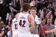 PORTLAND, OR - JANUARY 15: Robin Lopez #42 and Meyers Leonard #11 of the Portland Trail Blazers celebrate against the Cleveland Cavaliers on January 15, 2014 at the Moda Center Arena in Portland, Oregon. NOTE TO USER: User expressly acknowledges and agre