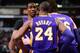 SACRAMENTO, CA - MARCH 30: Kobe Bryant #24 and Paul Gasol #16 talk with Dwight Howard #12 of the Los Angeles Lakers during a break in action against the Sacramento Kings on March 30, 2013 at Sleep Train Arena in Sacramento, California. NOTE TO USER: User