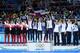 SOCHI, RUSSIA - FEBRUARY 18: Medalists from South Korea, Canada and Italy celebrate on the podium during the flower ceremony for the Short Track Ladies' 3000m Relay at Iceberg Skating Palace on day 11 of the 2014 Sochi Winter Olympics on February 18, 201