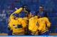 SOCHI, RUSSIA - FEBRUARY 15: Sweden celebrates a goal by Patrik Berglund #14 of Sweden in the first period against Latvia during the Men's Ice Hockey Preliminary Round Group C game on day eight of the Sochi 2014 Winter Olympics at Shayba Arena on February