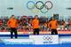 SOCHI, RUSSIA - FEBRUARY 18: (L-R) Silver medalist Sven Kramer of the Netherlands, gold medalist Jorrit Bergsma of the Netherlands and bronze medalist Bob de Jong of the Netherlands stand infront of the podium during the flower ceremony for the Men's 100