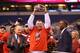 Bielema celebrates Wisconsin's win over Michigan State in the 2012 Big Ten title game.