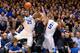 DURHAM, NC - FEBRUARY 15: Amile Jefferson #21 and Rodney Hood #5 of the Duke Blue Devils battle for a rebound with Evan Smotrycz #1 of the Maryland Terrapins during their game at Cameron Indoor Stadium on February 15, 2014 in Durham, North Carolina. Duke