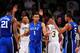 ATLANTA, GA - FEBRUARY 18: Jabari Parker #1 of the Duke Blue Devils is congratulated by Rodney Hood #5 and Amile Jefferson #21 after scoring against the Georgia Tech Yellow Jackets at McCamish Pavilion on February 18, 2014 in Atlanta, Georgia. (Photo by S
