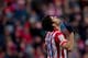MADRID, SPAIN - FEBRUARY 15: Diego Costa of Atletico de Madrid celebrates scoring their second goal during the La Liga match between Club Atletico de Madrid and Real Valladolid CF at Vicente Calderon Stadium on February 15, 2014 in Madrid, Spain. (Phot