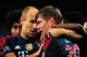 LONDON, ENGLAND - FEBRUARY 19: Arjen Robben of Bayern Muenchen congratulates Toni Kroos of Bayern Muenchen on scoring their first goal during the UEFA Champions League Round of 16 first leg match between Arsenal and FC Bayern Muenchen at Emirates Stadium