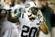 Oct 7, 2013; Atlanta, GA, USA; New York Jets cornerback Kyle Wilson (20) reacts after the Jets defeated the Atlanta Falcons at the Georgia Dome. The Jets defeated the Falcons 30-28. Mandatory Credit: Dale Zanine-USA TODAY Sports
