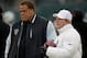 Dec 8, 2013; East Rutherford, NJ, USA; Oakland Raiders general manager Reggie McKenzie and owner Mark Davis on the field before the game against the New York Jets at MetLife Stadium. Mandatory Credit: Robert Deutsch-USA TODAY Sports