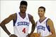 Sep 27, 2013; Philadelphia, PA, USA; Philadelphia 76ers center Nerlens Noel (4) and point guard Michael Carter-Williams (1) during a media day photo shoot at Philadelphia College of Osteopathic Medicine. Mandatory Credit: Eric Hartline-USA TODAY Sports