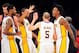 December 1, 2013; Los Angeles, CA, USA; Los Angeles Lakers small forward Nick Young (0) celebrates after point guard Steve Blake (5) scores a three point basket to end the first quarter against the Portland Trail Blazers at Staples Center. Mandatory Credi