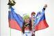 Feb 18, 2014; Krasnaya Polyana, RUSSIA; Tina Maze (SLO) celebrates winning gold in ladies' giant slalom during the Sochi 2014 Olympic Winter Games at Rosa Khutor Alpine Center. Mandatory Credit: Jack Gruber-USA TODAY Sports