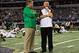 Oct 5, 2013; Arlington, TX, USA; Notre Dame Fighting Irish head coach Brian Kelly and Arizona State Sun Devils head coach Todd Graham chat before the game at AT&T Stadium. Mandatory Credit: Matt Cashore-USA TODAY Sports