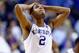 LEXINGTON, KY - FEBRUARY 15: Aaron Harrison #2 of the Kentucky Wildcats walks off of the court after the 69-59 loss to the Florida Gators at Rupp Arena on February 15, 2014 in Lexington, Kentucky. (Photo by Andy Lyons/Getty Images)