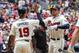 Jun 30, 2013; Atlanta, GA, USA; Atlanta Braves first baseman Freddie Freeman (5) celebrates a three run home run with shortstop Andrelton Simmons (19) in the third inning against the Arizona Diamondbacks at Turner Field. Mandatory Credit: Daniel Shirey-US