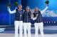 SOCHI, RUSSIA - FEBRUARY 20: (L-R) Bronze medalist Jonathan Midol of France, gold medalist Jean Frederic Chapuis of France and Silver medalist Arnaud Bovolenta of France celebrate on the podium during the medal ceremony for the Freestyle Skiing Men's Ski