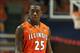 Jan 18, 2014; Champaign, IL, USA; Illinois Fighting Illini guard Kendrick Nunn (25) during the game against the Michigan State Spartans at State Farm Center. The Michigan State Spartans beat the Illinois Fighting Illini 78-62. Mandatory Credit: Trevor Rus