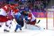 SOCHI, RUSSIA - FEBRUARY 19: Mikael Granlund #64 of Finland scores a second-period goal against Semyon Varlamov #1 of Russia during the Men's Ice Hockey Quarterfinal Playoff on Day 12 of the 2014 Sochi Winter Olympics at Bolshoy Ice Dome on February 19,