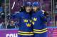 SOCHI, RUSSIA - FEBRUARY 12: Erik Karlsson #65 of Sweden celebrates with his teammate after scoring a goal in the second period against Alexander Salak #53 of Czech Republic during the Men's Ice Hockey Preliminary Round Group C game on day five of the So