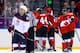 SOCHI, RUSSIA - FEBRUARY 21: Patrick Kane #88 of the United States reacts after losing 1-0 to Canada as Marc-Edouard Vlasic #44, Sidney Crosby #87 and Jeff Carter #77 of Canada celebrate during the Men's Ice Hockey Semifinal Playoff on Day 14 of the 2014