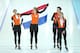 SOCHI, RUSSIA - FEBRUARY 22: (L to R) Jorien ter Mors, Marrit Leenstra, Lotte van Beek and Ireen Wust of the Netherlands celebrate winning the gold medal during the Women's Team Pursuit Final A Speed Skating event on day fifteen of the Sochi 2014 Winter