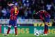 SAN SEBASTIAN, SPAIN - FEBRUARY 22: Lionel Messi (L) and Neymar of FC Barcelona react after Antoine Griezmann of Real Sociedad scored his team's second goal goal during the La Liga match between Real Sociedad and FC Barcelona at Estadio Anoeta on Februar