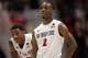 SAN DIEGO, CA - JANUARY 08: Xavier Thames #2 and Skylar Spencer #0 of the San Diego State Aztecs stand at mid court during a free throw attempt in the second half of the game against the Boise State Broncos at the Viejas Arena on January 8, 2014 in San