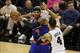 Jan 2, 2014; San Antonio, TX, USA; New York Knicks forward Carmelo Anthony (7) is defended by San Antonio Spurs guard Danny Green (4) during the second half at AT&T Center. The Knicks won 105-101. Mandatory Credit: Soobum Im-USA TODAY Sports