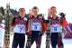 SOCHI, RUSSIA - FEBRUARY 23: Silver medalist Maxim Vylegzhanin of Russia, gold medalist Alexander Legkov of Russia and bronze medalist Ilia Chernousov of Russia celebrate after the Men's 50 km Mass Start Free during day 16 of the Sochi 2014 Winter Olympi