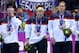 SOCHI, RUSSIA - FEBRUARY 20: Kelli Stack #16, Jocelyne Lamoureux #17 and Lyndsey Fry #18 of the United States react during the flower ceremony after losing to Canada 3-2 during the Ice Hockey Women's Gold Medal Game on day 13 of the Sochi 2014 Winter Oly