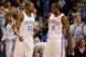 Feb 23, 2014; Oklahoma City, OK, USA; Oklahoma City Thunder power forward Serge Ibaka (9) congratulates Oklahoma City Thunder small forward Kevin Durant (35) after a made shot against the Los Angeles Clippers during the first quarter at Chesapeake Energy