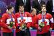 SOCHI, RUSSIA - FEBRUARY 23: Gold medalists Dan Hamhuis #5, Shea Weber #6 and Drew Doughty #8 of Canada celebrate during the medal ceremony after defeating Sweden 3-0 during the Men's Ice Hockey Gold Medal match on Day 16 of the 2014 Sochi Winter Olympic