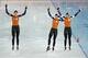 Feb 22, 2014; Sochi, RUSSIA; Jorien Ter Mors, left, Ireen Wust, middle and Marrit Leenstra of Netherlands celebrate their gold medal in Olympic record time in speed skating ladies' team pursuit during the Sochi 2014 Olympic Winter Games at Adler Arena Sk