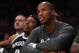 LOS ANGELES, CA - FEBRUARY 23: Jason Collins #46 of the Brooklyn Nets looks on from the bench against the Los Angeles Lakers at Staples Center on February 23, 2014 in Los Angeles, California. NOTE TO USER: User expressly acknowledges and agrees that, by
