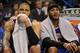 Feb 9, 2014; Oklahoma City, OK, USA; New York Knicks small forward Carmelo Anthony (7) and center Tyson Chandler (6) watch from the bench against the Oklahoma City Thunder at Chesapeake Energy Arena. Mandatory Credit: Mark D. Smith-USA TODAY Sports