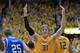 WICHITA, KS - FEBRUARY 22: Guard Ron Baker #31 of the Wichita State Shockers reacts after a Shockers score against the Drake Bulldogs during the second half on February 22, 2014 at Charles Koch Arena in Wichita, Kansas. Wichita State won 83-54. (Photo