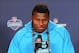 Feb 22, 2014; Indianapolis, IN, USA; Buffalo linebacker Khalil Mack speaks at the NFL Combine at Lucas Oil Stadium. Mandatory Credit: Pat Lovell-USA TODAY Sports