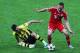 LONDON, ENGLAND - MAY 25: Ilkay Gundogan of Borussia Dortmund tackles Franck Ribery of Bayern Muenchen during the UEFA Champions League final match between Borussia Dortmund and FC Bayern Muenchen at Wembley Stadium on May 25, 2013 in London, United King