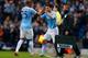 MANCHESTER, ENGLAND - FEBRUARY 22: Jesus Navas of Manchester City replaces Fernandinho during the Barclays Premier League match between Manchester City and Stoke City at the Etihad Stadium on February 22, 2014 in Manchester, England. (Photo by Paul Thom