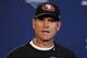 Feb 20, 2014; Indianapolis, IN, USA; San Francisco 49ers coach Jim Harbaugh speaks during a press conference during the 2014 NFL Combine at Lucas Oil Stadium. Mandatory Credit: Brian Spurlock-USA TODAY Sports