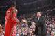 PORTLAND, OR - NOVEMBER 5: Dwight Howard #12 and Kevin McHale of the Houston Rockets talk against the Portland Trail Blazers on November 5, 2013 at the Moda Center Arena in Portland, Oregon. NOTE TO USER: User expressly acknowledges and agrees that, by d