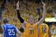 WICHITA, KS - FEBRUARY 22: Guard Ron Baker #31 of the Wichita State Shockers reacts after a Shockers score against the Drake Bulldogs during the second half on February 22, 2014 at Charles Koch Arena in Wichita, Kansas. Wichita State won 83-54. (Photo