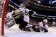 BOSTON, MA - JUNE 05: Kris Letang #58 collides with Tomas Vokoun #92 of the Pittsburgh Penguins during overtime in Game Three of the Eastern Conference Final of the 2013 NHL Stanley Cup Playoffs against the Boston Bruins at the TD Garden on June 5, 2013