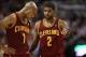 Feb 21, 2014; Toronto, Ontario, CAN; Cleveland Cavaliers guard Kyrie Irving (2) talks to guard Jarrett Jack (1) against the Toronto Raptors at Air Canada Centre. The Raptors beat the Cavaliers 98-91. Mandatory Credit: Tom Szczerbowski-USA TODAY Sports