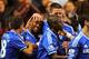 LONDON, ENGLAND - JANUARY 19: Samuel Eto'o (2nd L) of Chelsea celebrates with teammates after scoring his team's third goal and completing his hat trick during the Barclays Premier League match between Chelsea and Manchester United at Stamford Bridge on