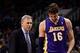 Dec 23, 2013; Phoenix, AZ, USA; Los Angeles Lakers head coach Mike D'Antoni and center Pau Gasol (16) on the sidelines against the Phoenix Suns at US Airways Center. The Suns won 117-90. Mandatory Credit: Jennifer Stewart-USA TODAY Sports
