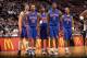 EAST RUTHERFORD, NJ - DECEMBER 21: (L-R) Mehmet Okur #13 Michael Curry #12 Richard Hamilton #32 Ben Wallace #3 and Chauncey Billups #1 of the Detroit Pistons stand on the court during the game against the New Jersey Nets at Continental Airlines Arena o