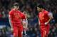 WEST BROMWICH, ENGLAND - FEBRUARY 02: Luis Suarez (R) speaks with teammate Martin Skrtel of Liverpool during the Barclays Premier League match between West Bromwich Albion and Liverpool at The Hawthorns on February 2, 2014 in West Bromwich, England. (Ph