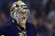 Feb 25, 2014; Buffalo, NY, USA; Buffalo Sabres goalie Ryan Miller (30) during a stoppage in play against the Carolina Hurricanes during the first period at First Niagara Center. Mandatory Credit: Timothy T. Ludwig-USA TODAY Sports